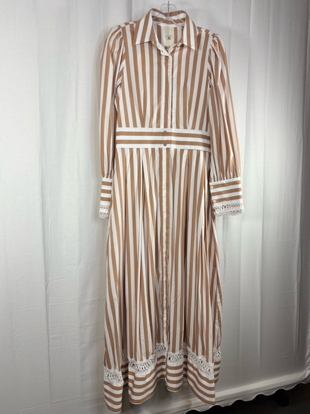 NWT MILVA MI Striped Long Sleeve Maxi Dress in Beige and White W Lace Trim Sz 10